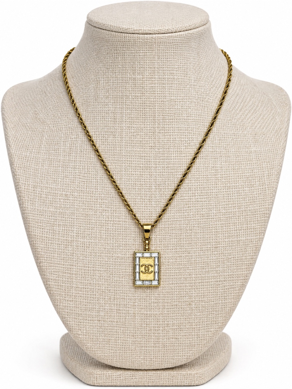 14k Gold over Stainless steel Rectangular CC Pendant Necklace with Clear Accents